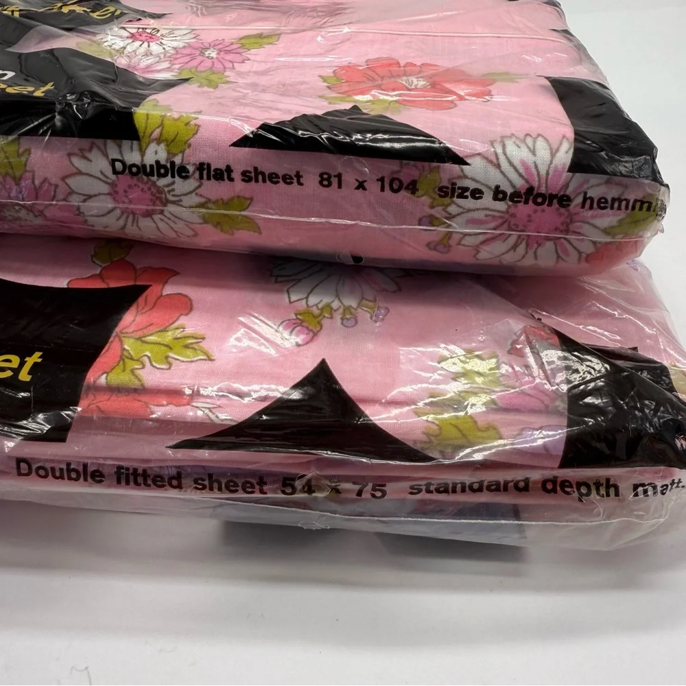 Vintage 70’s Lots of Daisies Pink Floral Double Flat & Fitted Dbl Sheet Set NEW